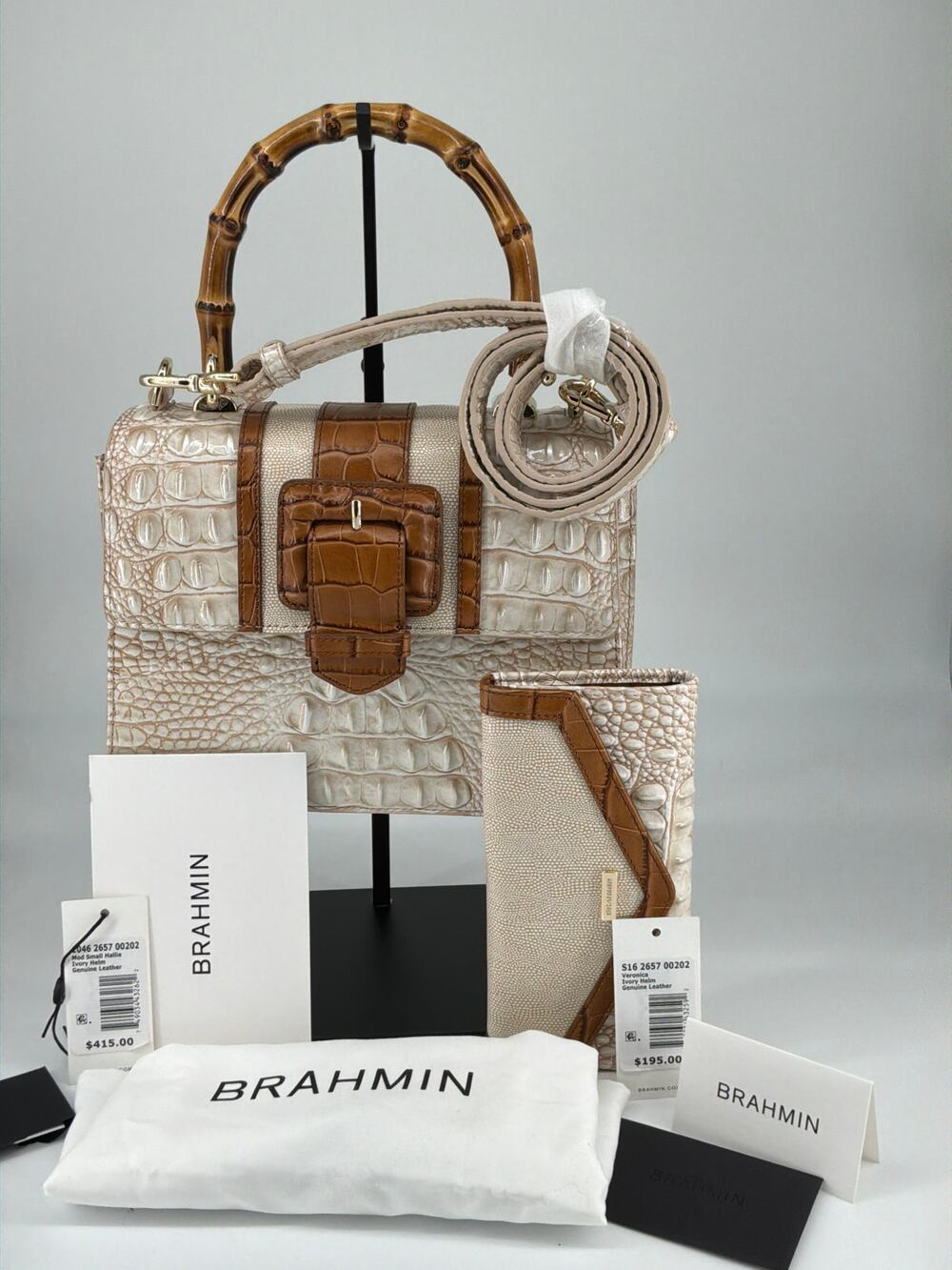 Brahmin Woven Leather and Bamboo Handle Tote Bag and Wallet Bundle-New with Tags
